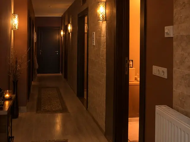 Aplik ışıklı, halılı ve sıcak tonlu koridor — Fatih, Masaj Salonun